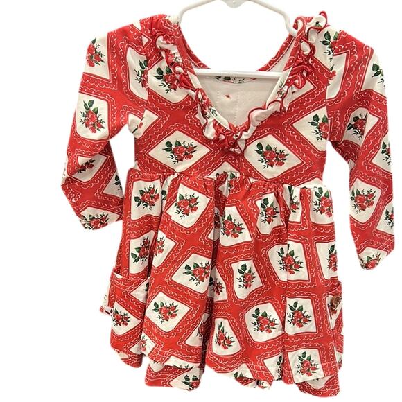 SweetHoney Toddler Girl Red Cream Long Sleeve Pockets Floral Rose Dress Size 18M - Picture 4 of 11